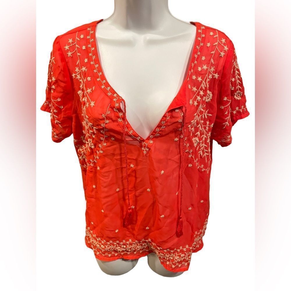 Embroidered V-Neck Boho Top in Coral Red